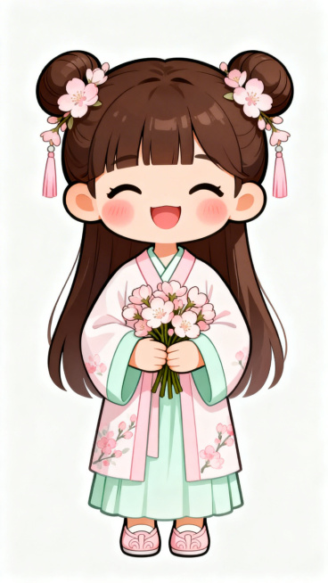 Q版卡通古风小女孩，全身完整构图，深棕色长发梳双丸子头，发髻上装饰浅粉色桃花和淡粉色流苏，齐刘海，笑容灿烂眼睛弯起，脸颊有淡淡的红晕，身穿浅淡偏白的柔粉色交领汉服，袖口和内层裙装为浅嫩绿色，衣身上有淡预览效果