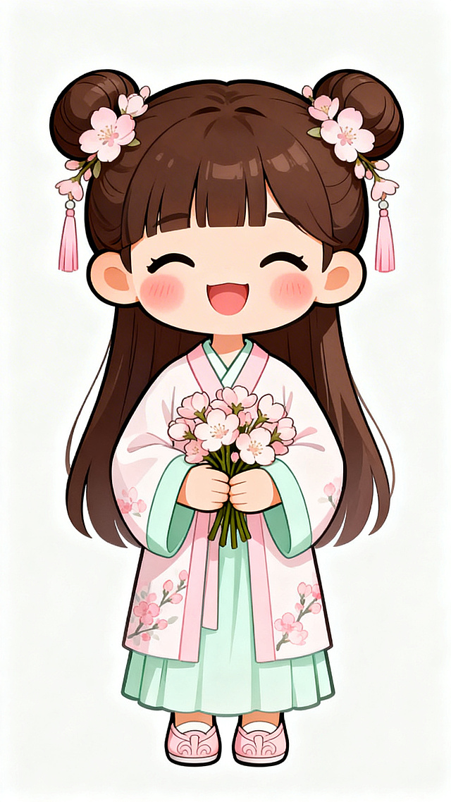 Q版卡通古风小女孩，全身完整构图，深棕色长发梳双丸子头，发髻上装饰浅粉色桃花和淡粉色流苏，齐刘海，笑容灿烂眼睛弯起，脸颊有淡淡的红晕，身穿浅淡偏白的柔粉色交领汉服，袖口和内层裙装为浅嫩绿色，衣身上有淡粉色桃花纹样，脚上穿着同色系的浅粉色古风鞋履，双手捧着一束浅粉色桃花，整体色调柔和清淡、偏明亮白皙，Q版可爱风格，线条柔和