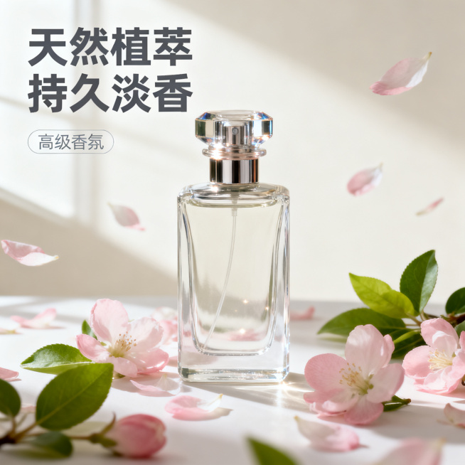 [主图 1] 轻奢高级香水首图展示。
[氛围风格] 纯净自然高级香氛氛围感
[画质] 商业摄影质感、光线柔和通透、产品清晰真实、画面干净高级
[元素] 一瓶经典香水瓶身居中展示，瓶身通透有质感，周围散预览效果