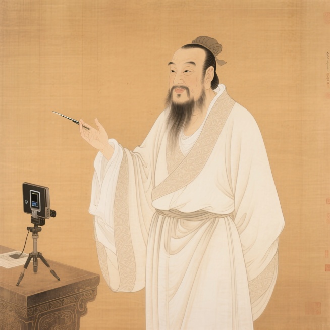 孔子在直播教学，元素完整。暖色调背景。预览效果