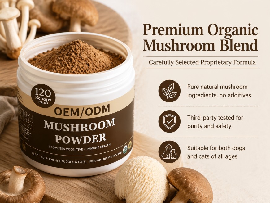 [Page 3] Organic proprietary mushroom blend ingredient highlight page. This screen uses [image1] as预览效果