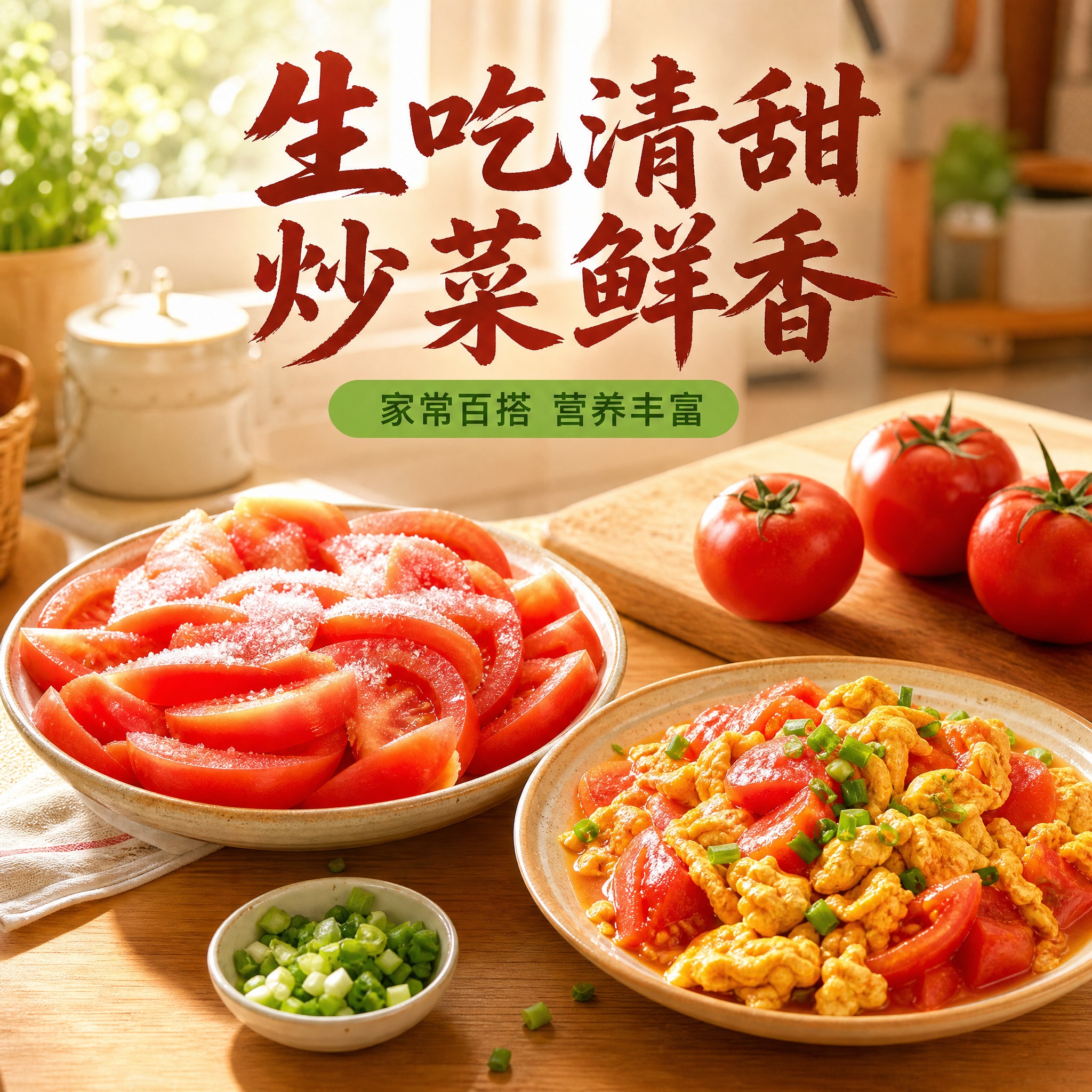 [主图-4 番茄使用场景图] 家常炒菜+生吃两用场景 厨房餐桌… - 图片创意预览