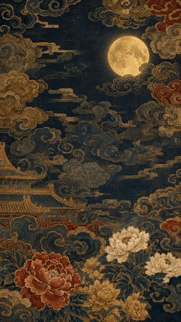 参考原图复古工笔织锦风格，去掉仙鹤，增加菩提花元素，整体场景改为夜晚氛围感，保留祥云和传统纹样，金色勾线，精致清晰细节，高清晰度，整体色调偏暗但保留传统国风质感，画面协调统一预览效果