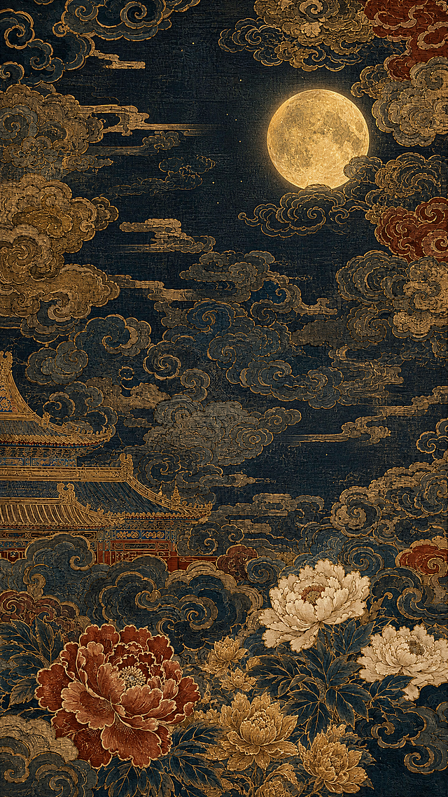 参考原图复古工笔织锦风格，去掉仙鹤，增加菩提花元素，整体场景改为夜晚氛围感，保留祥云和传统纹样，金色勾线，精致清晰细节，高清晰度，整体色调偏暗但保留传统国风质感，画面协调统一