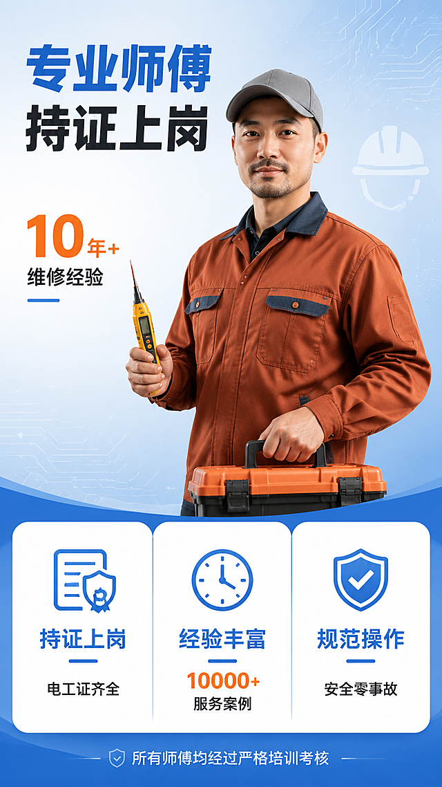 [第5屏] 详情页专业团队-持证师傅专业背书。本屏使用【图1】中的师傅人物形象作为主形象放大展示，优化为职业照质感。
[氛围/风格] 专业可信的团队展示风，稳重可靠，商业人像摄影质感。
[元素布局] 画面上半部分为师傅的职业形象照（基于图1人物，橘红工作服+灰帽，优化为正面或45度侧身专业站姿，手持电笔或工具箱，表情自信专业）；下半部分为三列资质/经验/数据展示区，含图标+数字+说明；背景为浅蓝渐变，点缀电路纹理、安全帽图标等行业元素。
[光影质感] 人像主光从左上方打来，面部清晰立体，服装质感真实，背景柔和虚化，整体专业摄影棚质感。
[配色色系] 全局底色#F0F6FF浅蓝渐变；主色#1E6FD9深蓝；辅助色#FF7A00橙色强调数据；文字深灰#333333。
[视角构图] 上半部分人像居中偏右，下半部分三栏数据卡片，阅读动线从上到下，从人物到资质。
[文字版式] 顶部主标题「专业师傅 持证上岗」；人像旁侧标注「10年+维修经验」；下半部分三列：左列「持证上岗」配证书图标+「电工证齐全」，中列「经验丰富」配时钟图标+「10000+服务案例」，右列「规范操作」配盾牌图标+「安全零事故」；底部小字「所有师傅均经过严格培训考核」。
[比例分辨率] 9:16竖版比例，4K分辨率，文字清晰可辨，高清画质。
[负向提示词] 人物变形，水印，文字错乱，文字过小，面部模糊，服装颜色偏差
