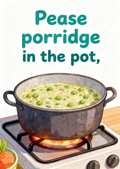 请制作A4竖版儿童卡片 1：
Pease porridge hot,
Pease porridge cold,
Pease porridge in the pot,
Nine days old.
So预览效果