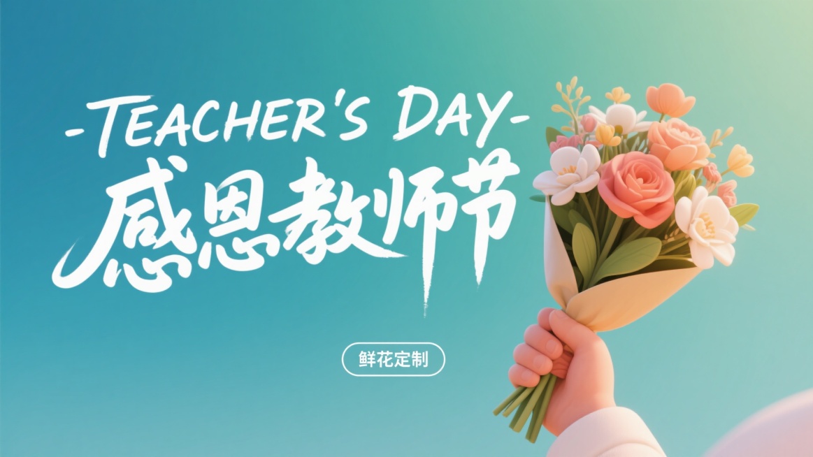 蓝绿色渐变背景，手写风格的“TEACHER'S DAY”英文艺术字和“感恩教师节”中文艺术字，画面右侧有“鲜花定制”按钮及手持花束元素，整体温馨节日氛围预览效果