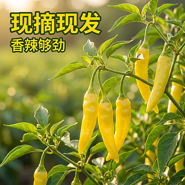 [主图 1] 新鲜现摘黄小米辣田间悬挂首图。
[氛围风格] 自然新鲜田园氛围，真实生鲜产品感；
[画质] 商业摄影质感、自然光线通透、产品清晰真实、画面干净高级。
[元素] 主图主体是枝藤上挂着的多个新鲜黄小米辣，果实饱满鲜亮，带着自然翠绿枝叶。保持小米辣外观颜色形态和输入产品图绝对一致，杜绝变形色差，精细化处理。商品主体占比约70%，背景是虚化的田间绿色，整体干净突出主体。
[光影] 自然暖阳逆光，从小米辣后方照射，凸显果肉通透感和新鲜光泽，明暗层次自然，高光不溢出暗部有细节。
[配色] 主色调是小米辣的明黄色和枝叶翠绿色，背景浅绿虚化，清新自然。
[视角构图] 平视视角，景深适中，小米辣在画面中心突出展示，满版无边框构图。
[文字版式] 左上负空间左对齐留安全边距，主标题 "现摘现发" 黄色粗体无衬线配深绿描边保证对比；副标题 "香辣够劲" 字号约一半大小。底部留出空间保持画面干净。
[比例分辨率] 1:1比例，2k分辨率；文字清晰可辨，画面超高清。
[负向提示词] 变形，水印，文字错乱，产品模糊，背景杂乱，过度修图