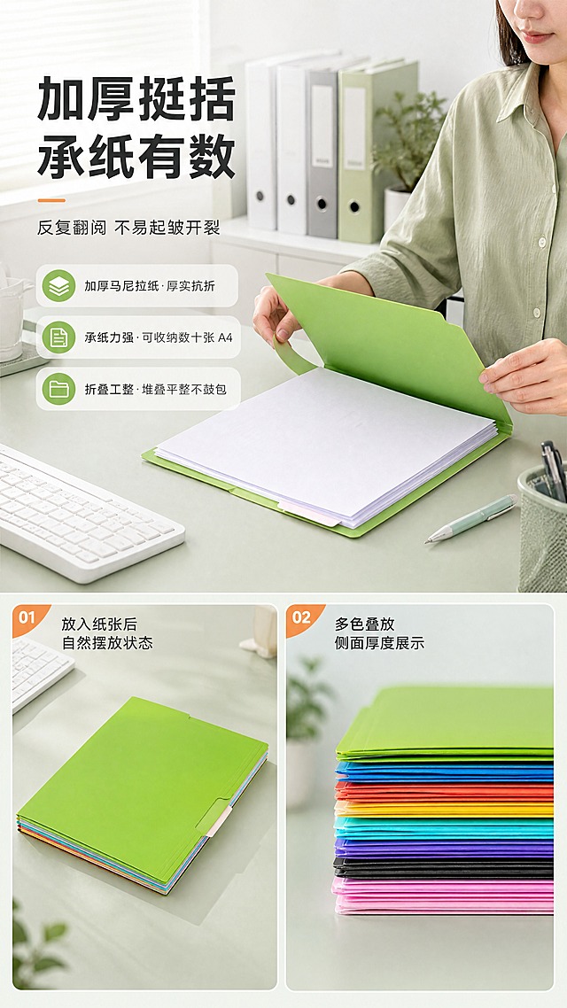 [商品] 使用【图5】【图6】绿色款多层堆叠侧面厚度、【图9】橙色款叠放、【图8】蓝色款多层叠放；保留文件夹内外双色结构、1/3 错位标签舌、加厚马尼拉纸哑光质感、折边压线与原有多色，不改变颜色与层数结构。
[画面] 目标：展示加厚挺括与承纸表现。版式：上方办公实拍图 + 下方两格侧面展示图。上方为整洁办公桌场景，办公者正在翻开放入一叠 A4 白纸的绿色文件夹，纸张整齐叠放于夹内，与桌面办公用品自然同框；下方左格为纸张放入后的自然摆放状态，右格为多色文件夹整齐堆叠的侧面厚度，边缘平整；中景与近景结合，使用动作与产品同框清晰，产品占画面 65%。
[视觉] 套系策略：风格=国内电商清爽办公场景商业摄影；标题字=现代无衬线粗黑体；正文字=简洁无衬线常规体；主色=清新薄荷绿；背景延展=以浅灰白与浅薄荷绿做深浅层级与细腻桌面/纸张质感；强调色=活力橙，仅用于小面积序号角标、细线与短标签底；标题色=深墨绿灰；正文色=中暖灰；组件=细线圆角信息条、圆角浅底卡片、细线引线、小色卡方块；光影=左前侧柔和自然光，浅接触阴影体现厚度。
[文字] 左上横排主标题“加厚挺括 承纸有数”，其下横排副标题“反复翻阅 不易起皱开裂”；三条横排展示点：加厚马尼拉纸·厚实抗折、承纸力强·可收纳数十张 A4、折叠工整·堆叠平整不鼓包；文字集中在左侧留白，不遮挡使用动作与产品。
[规格] 图片比例9:16竖版，4K，负向提示：避免变形、错字、乱码、文字过小、竖排或旋转文字、人物比例异常、颜色改变、纸质结构失真、二维码、水印、平台 Logo、绝对化用语。