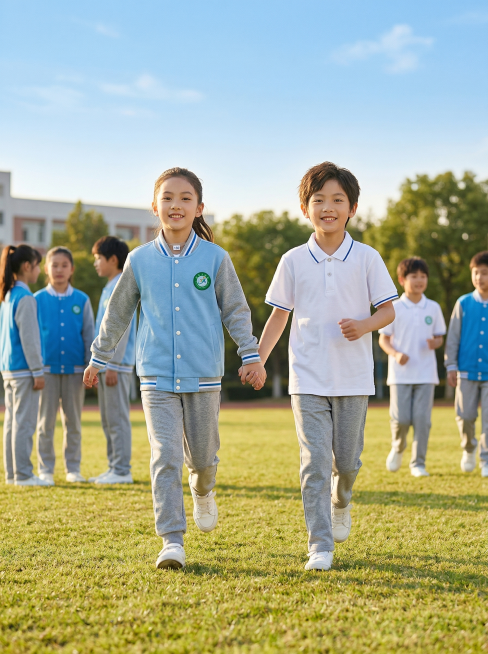 3:4竖版电商海报，严格还原参考图中的校服产品，包括包装设计、颜色、LOGO位置、文字内容、图案元素等所有细节；产品外观必须与参考图完全一致，不得改变包装设计、配色方案或品牌元素；保持产品的真实材质质预览效果