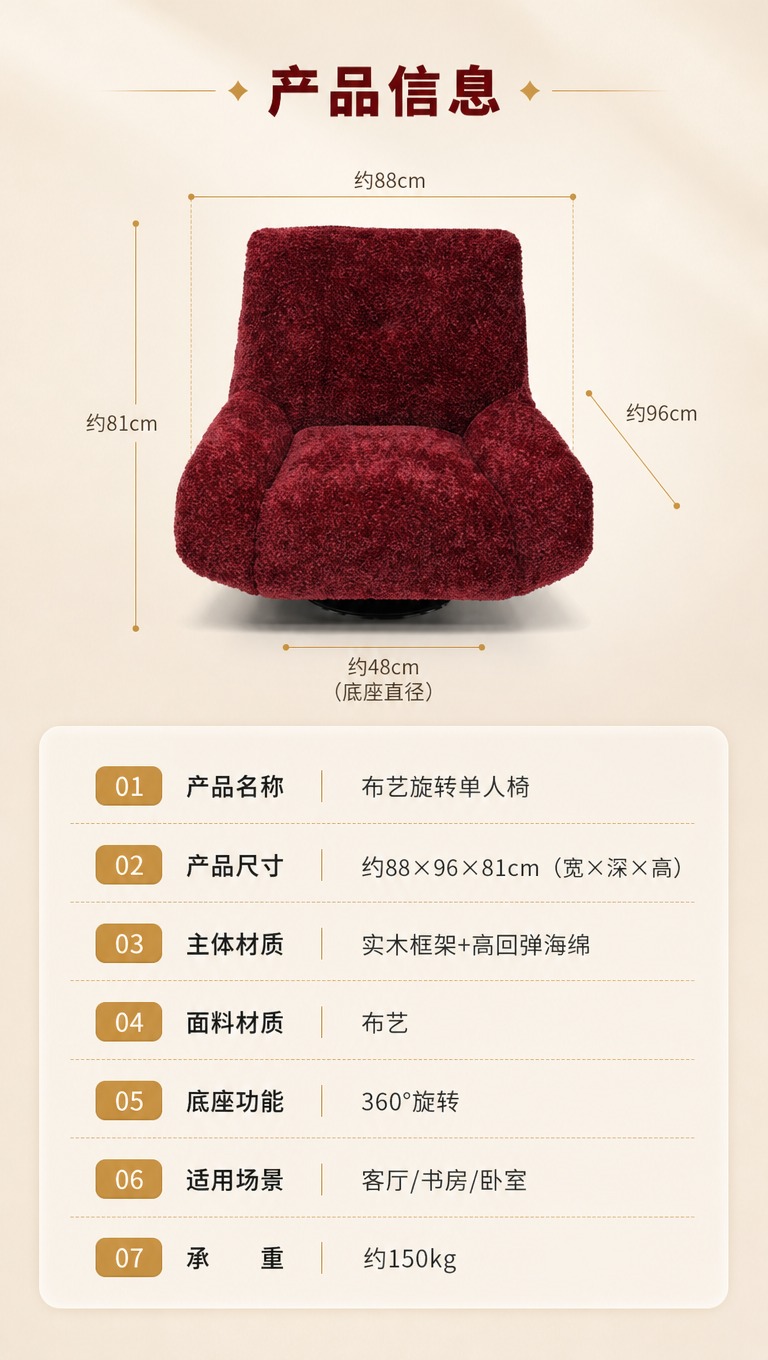 [商品] 使用【图1】酒红色布艺旋转单人休闲椅；保留整体造型、… - 图片创意预览