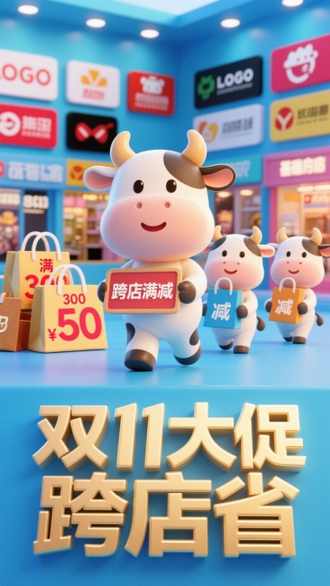 扛着 “跨店满减” 牌子的小牛，身后跟着 3 只抱不同店铺包装袋的小牛，正面视角，背景有店铺 LOGO 集合、“满 300 减 50” 标识和购物袋堆，画面下方是 3D 鎏金文字 “双 11 大促 跨预览效果