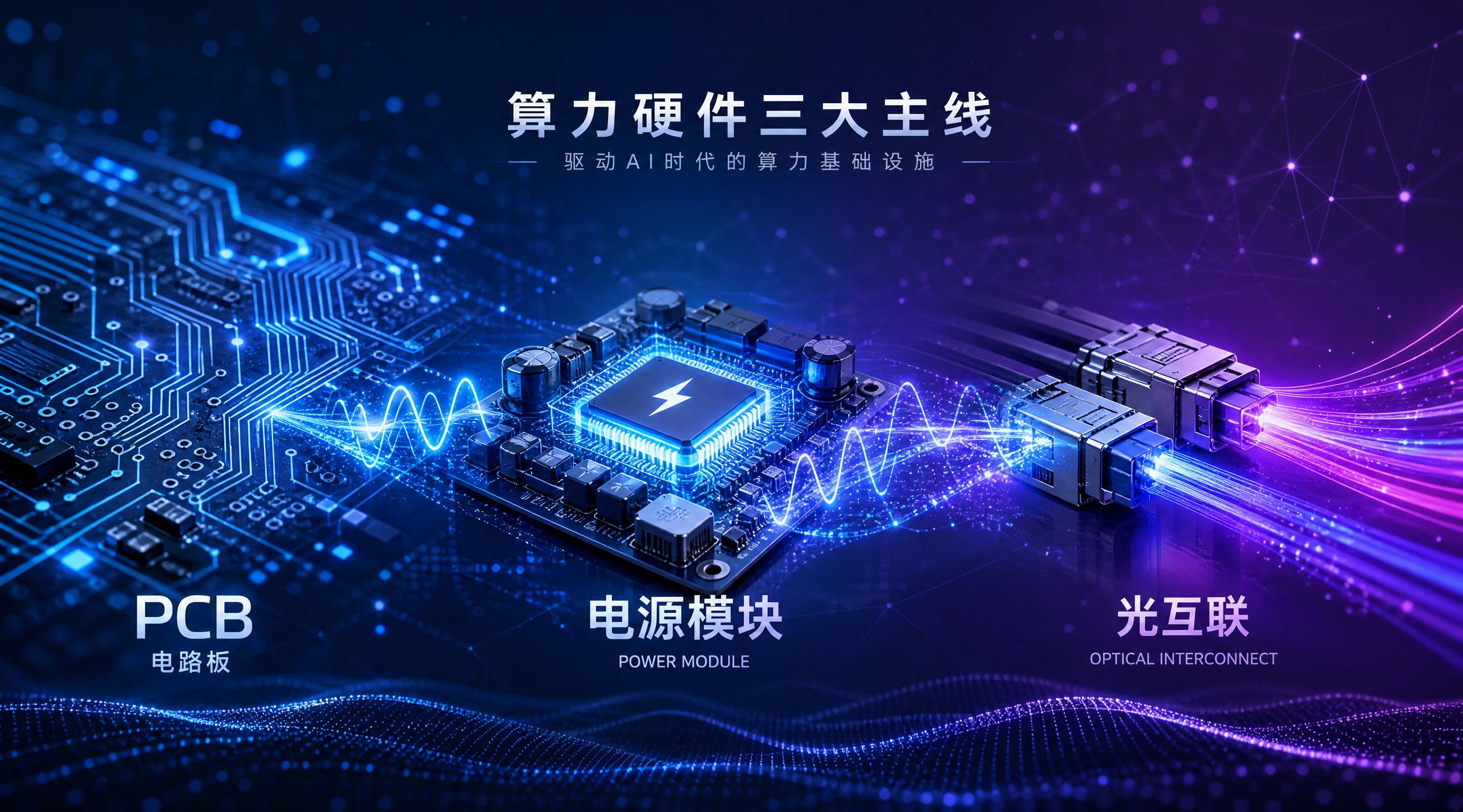 科技感封面图，主题为算力硬件三大主线：PCB电路板、电源模块、… - 图片创意预览