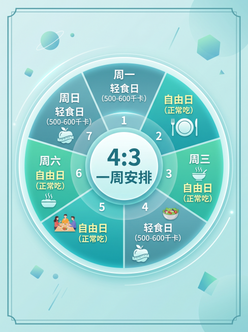信息图表风格，一个圆形时钟分成7格，标注周一至周日，其中三天标为"轻食日"(500-600千卡)，四天标为"自由日"(正常吃)，中心标注"4:3 一周安排"，蓝绿色调，简洁现代信息图设计预览效果