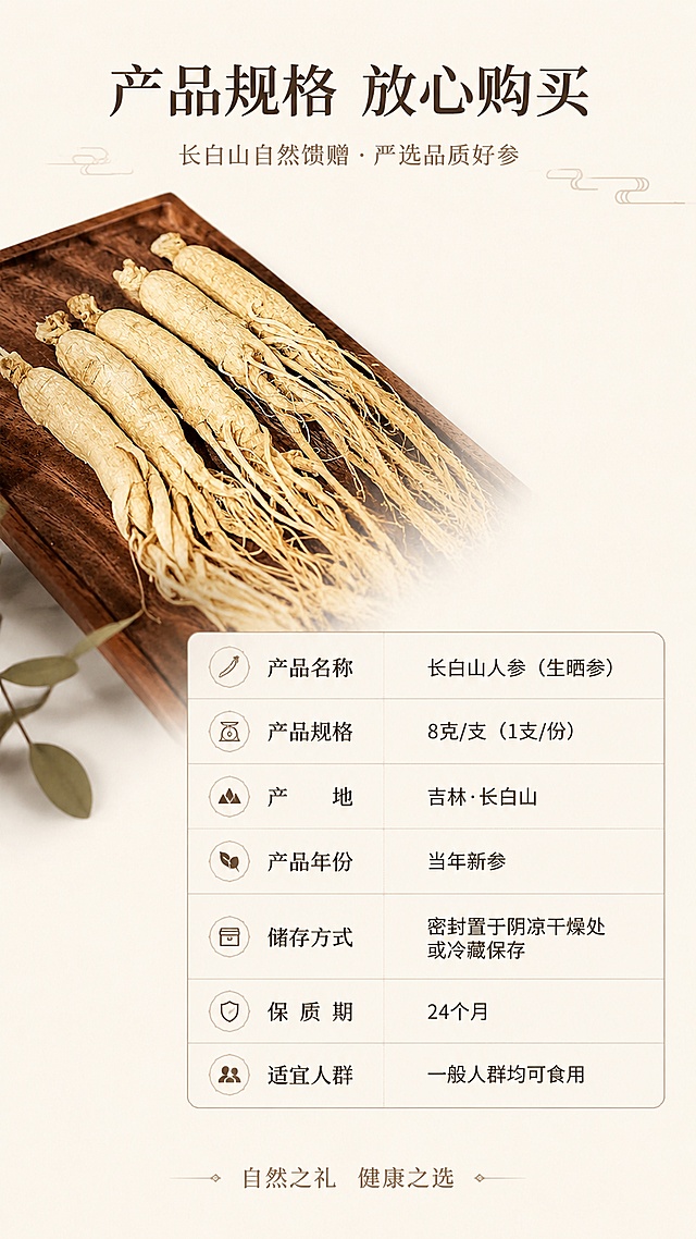 [第8屏] 详情页规格信息屏-长白山人参规格参数与收尾。本屏使用【图1】人参作为产品主体。
[氛围/风格] 规整信息排版，清晰简约，收尾收束风格。
[元素布局] 人参产品图放在画面左上区域，占比约40%，保留原外形纹理颜色一致；右下侧放置规格参数表，包含产品名称、规格、储存方式、保质期等信息，整体干净规整。
[光影质感] 均匀柔光，产品和文字信息都清晰可见，明暗自然。
[配色色系] 全局底色 #F8F4ED；主色米白背景；辅助色深棕文字、浅棕边框，整体风格统一协调。
[视角构图] 左上产品右下信息的不对称构图，重心稳定，信息清晰易读。
[文字版式] 顶部主标题「产品规格 放心购买」，参数表分行列清晰排列，字体保持温润宋体，文字大小适合手机阅读，不遮挡人参主体。
[比例分辨率] 9:16 竖版比例，4K分辨率，文字清晰可辨，高清画质。
[负向提示词] 人参变形，参数错乱，文字过小，水印，颜色偏差，背景杂乱