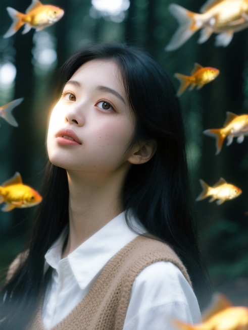 森林少女，环绕动态模糊的金鱼，金鱼发光，梦核暗调。脸部一束光，奶油肌，特写预览效果