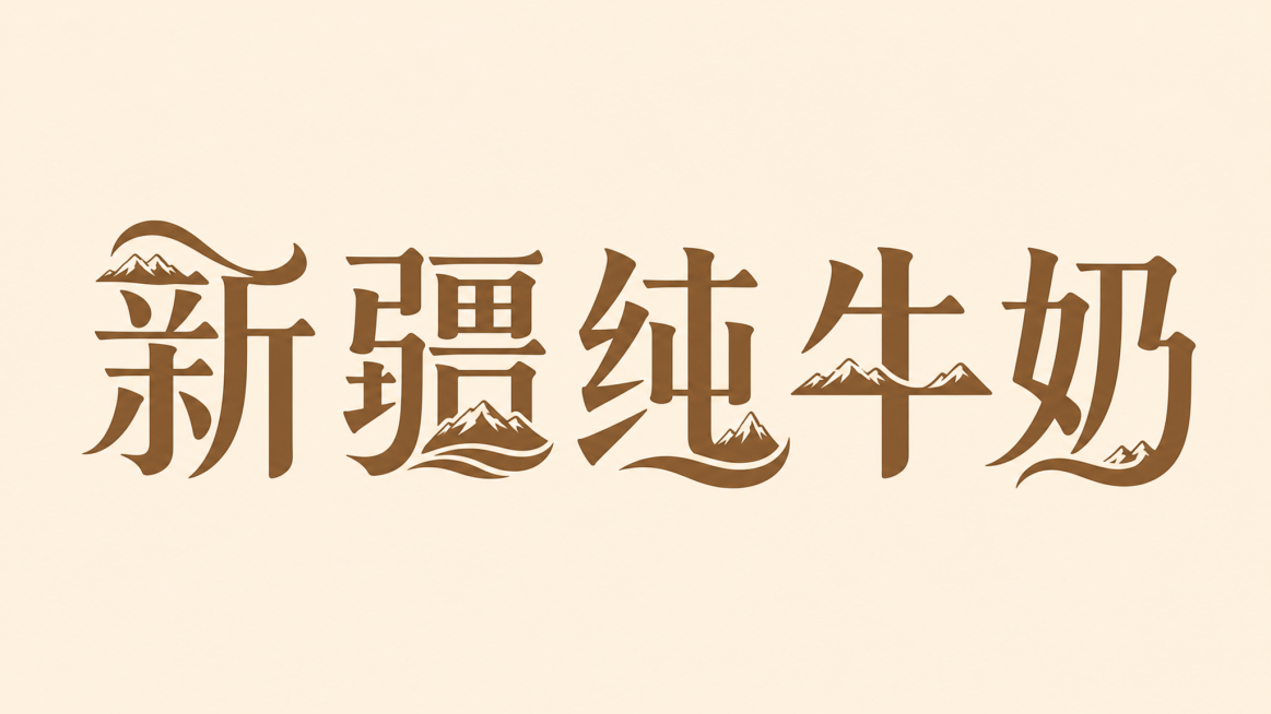 暖棕色字体，米白色背景，干净的背景，创意宋体字体设计五个字"新疆纯牛奶"，所有文字单行横向排列，将字体进行大幅度抽象变形。笔画略微加粗，部分笔画融入曲线和雪山图形元素呼应地域特色，笔画转角做圆角处理柔预览效果