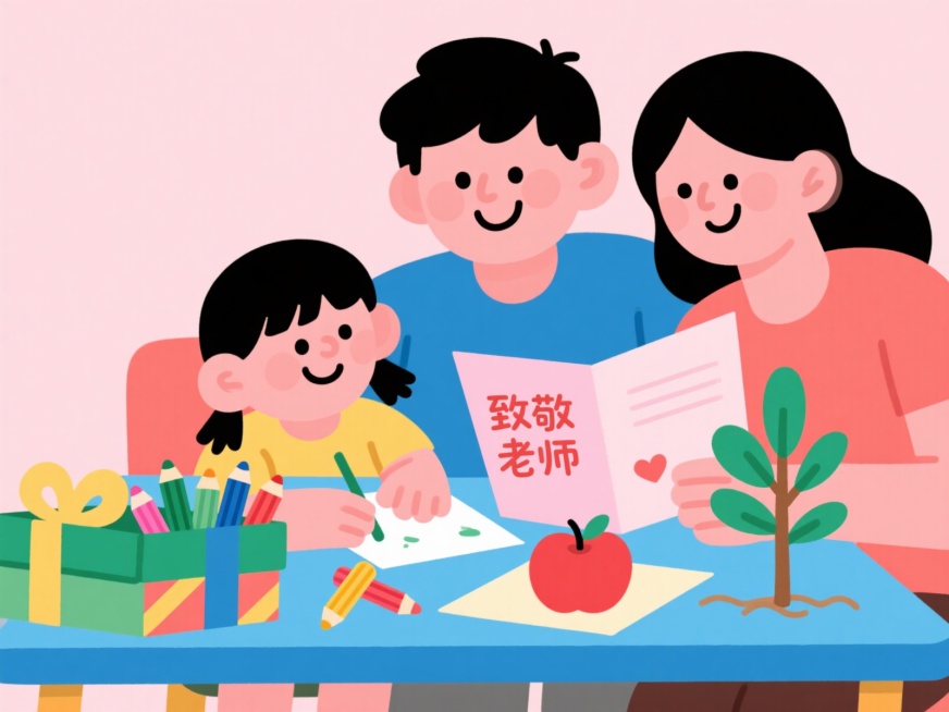 感恩教师节，家长带孩子一起制作手工贺卡，桌上放着彩色蜡笔和包装精美的苹果礼盒，旁边有一株小树苗，浅粉底色，整体画面充满温馨氛围，亲子脸上洋溢着笑容，画面中包含“致敬老师”的完整文案，卡通风格预览效果