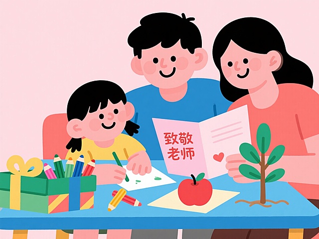 温馨插画风，一家三口共绘“致敬老师”，色彩鲜艳，充满可爱与卡通感。