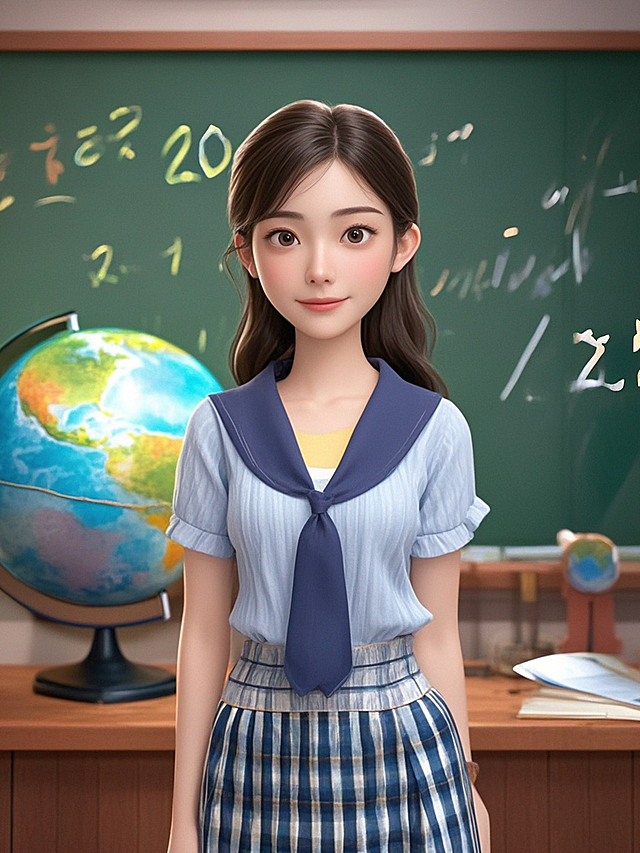 迪士尼风格，3D角色，一名20多岁的中国女教师，五官精致，背景有地球仪，黑板