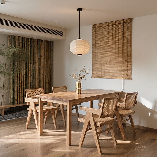 新中式禅意一楼室内就餐区拼接四人餐台，原木餐桌搭配竹编靠背椅，墙面做局部竹编装饰，顶部悬挂纸质灯罩单头吊灯，桌面摆放竹筒花瓶插着干花，地面是实木地板，整体轻松自然高性价比，浅原木竹色温润治愈的东方禅意风格