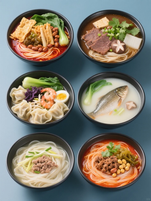 一组6个同风格美食系列素材集合，规整排布，每个均为纯色背景下的深色碗装特色粉面。保持原图高清写实风格、明亮光线、清晰质感和俯视角构图，变换各碗整体色彩以区分。从左到右、从上到下依次为：1. 螺蛳粉：红油汤底，搭配炸腐竹、酸笋、青菜、花生；2. 牛肉粉：棕褐色汤底，铺满大片酱牛肉、香菜、葱花、白萝卜；3. 馄饨汤：清澈浅色汤底，漂浮着饱满馄饨、紫菜、虾皮、蛋丝；4. 鱼汤：奶白色汤底，可见大块鱼……预览效果