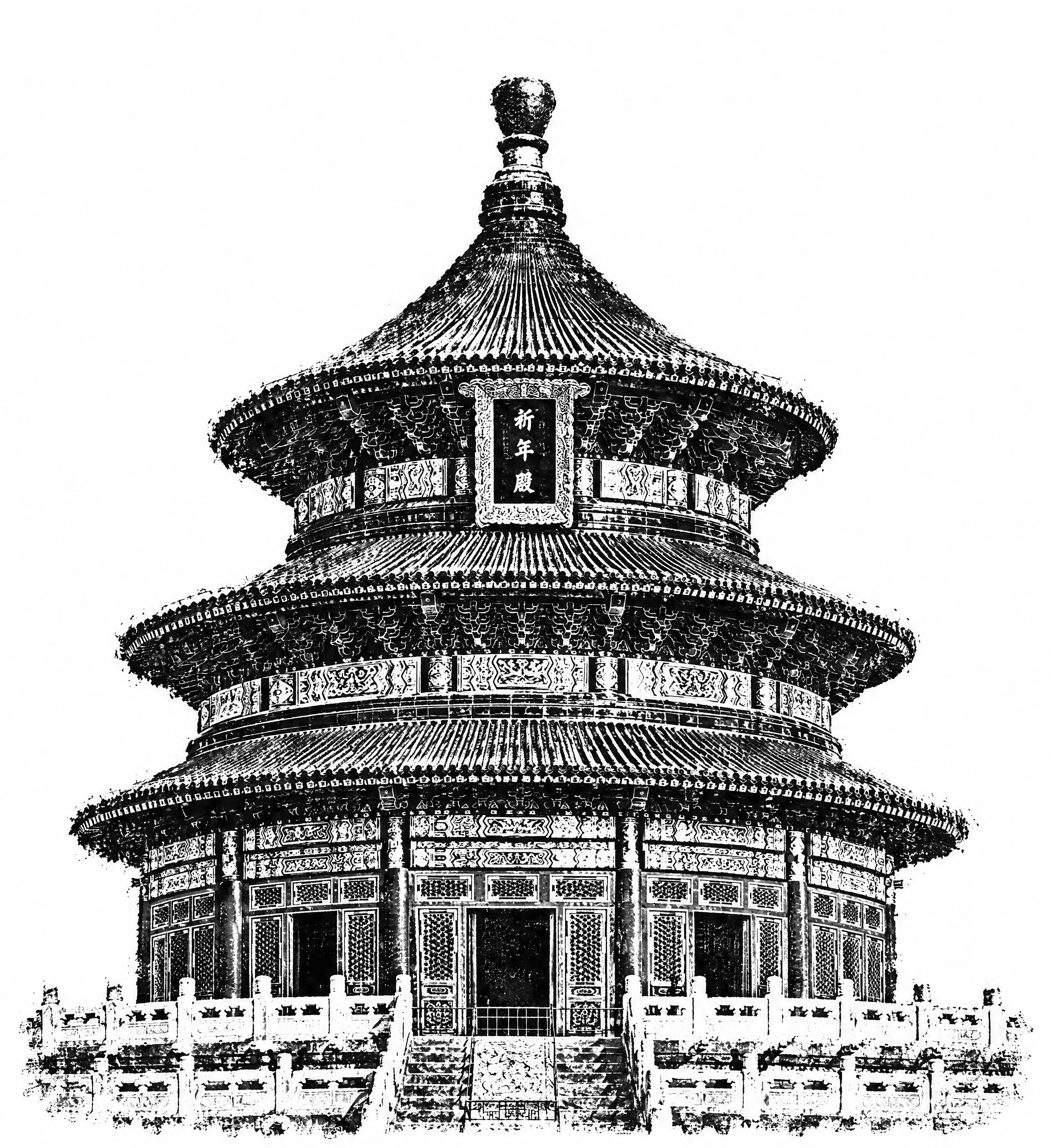 黑白建筑拓印画，天坛祈年殿正面视角蘸浓墨印在宣纸上，自然斑驳的… - 图片创意预览
