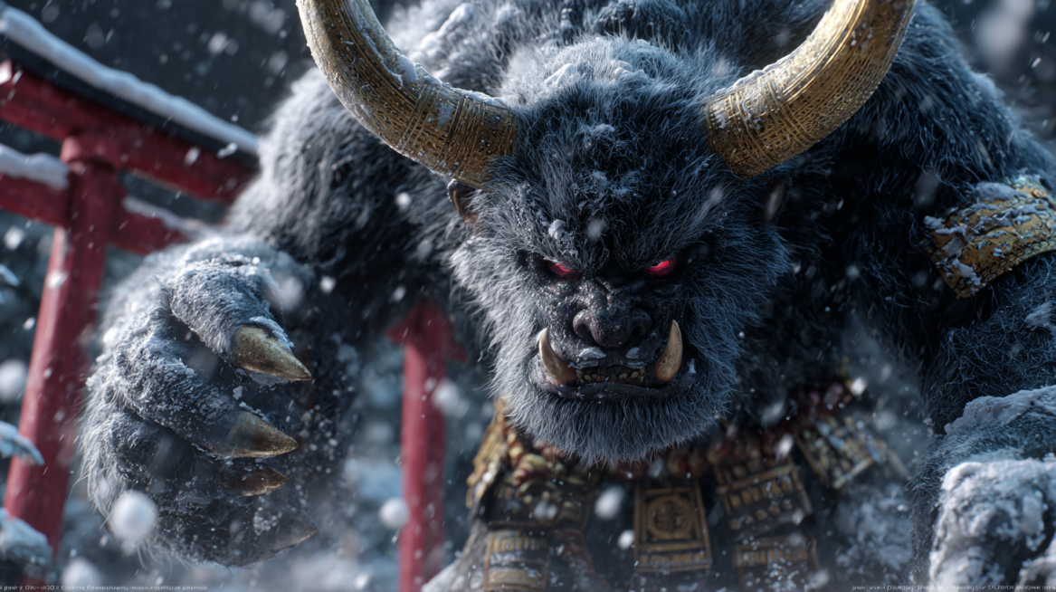 Giant Japanese-style snow monster, colossal creature (giant size), domineering and ferocious posture预览效果