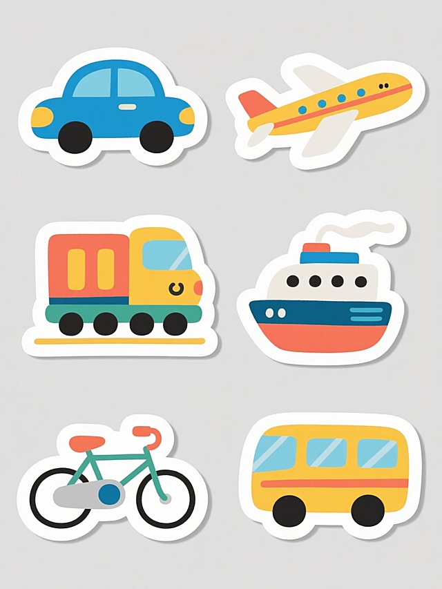 6个不同配色、不同样式的卡通交通工具造型，采用手绘贴纸风格，线条圆润简洁，色彩明快鲜亮，带有白色轮廓边，上下两行整齐排列在浅灰色背景上，整体风格活泼童趣，交通工具造型可包含汽车、飞机、火车、轮船、自行车、公交车等，保持与原图一致的卡通贴纸质感和明快色彩搭配。