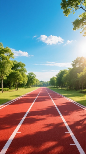阳光下的马拉松赛道，清晨的天空湛蓝清澈，几朵白云点缀其间，赛道上的红色塑胶跑道纹理清晰，白色的分道线笔直延伸向远方，两侧是郁郁葱葱的绿色树木，阳光洒在地面上形成斑驳的光影，整个场景充满了运动的活力与自然的清新，具有很强的视觉吸引力和空间纵深感。预览效果