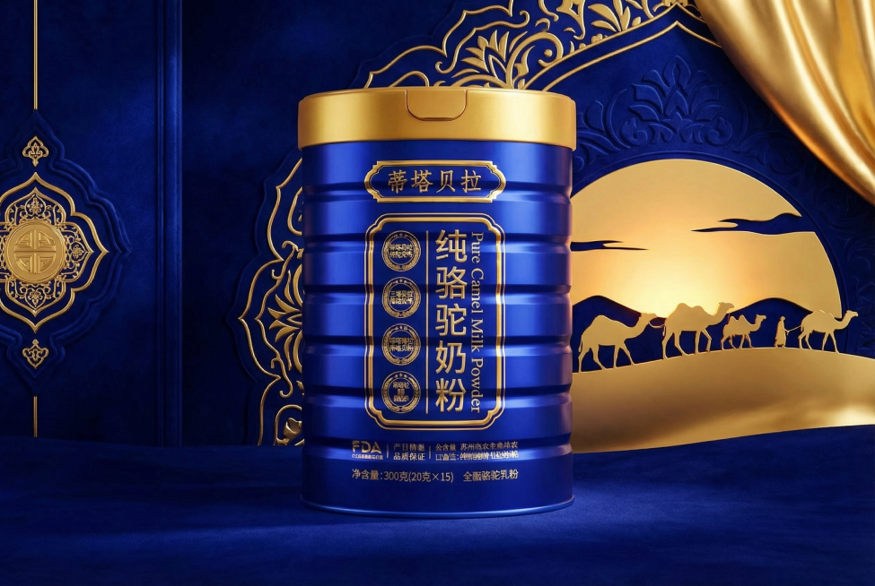 方案一：皇室尊贵风：以深蓝金为主色调，强化烫金logo与徽章，背景融入沙漠驼队剪影，突出高端稀缺性，适合礼品场景预览效果