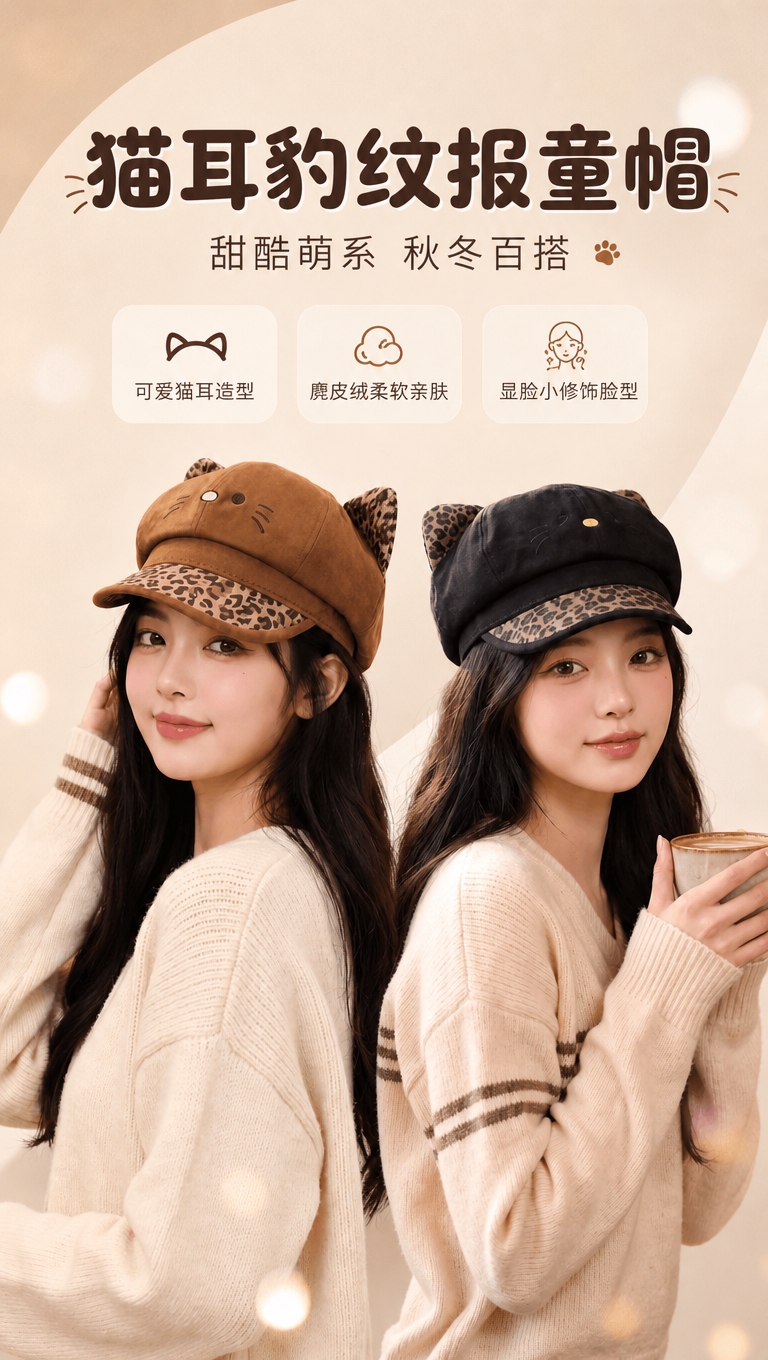 [商品] 使用【图1】棕色豹纹猫耳报童帽与【图4】黑色豹纹猫耳… - 图片创意预览