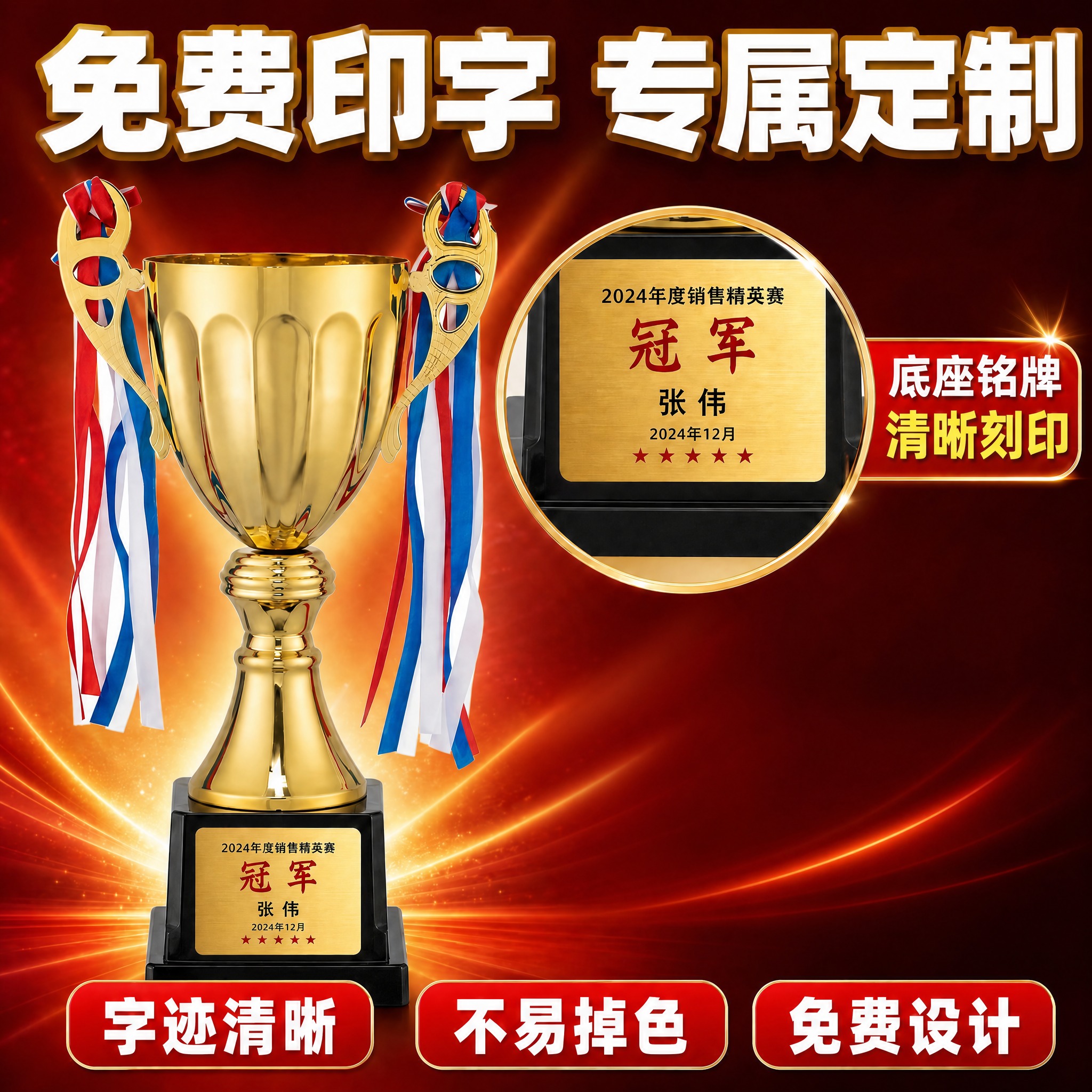 修改这张金属奖杯电商主图：1. 去掉右侧下方的圆形放大框（杯身… - 图片创意预览