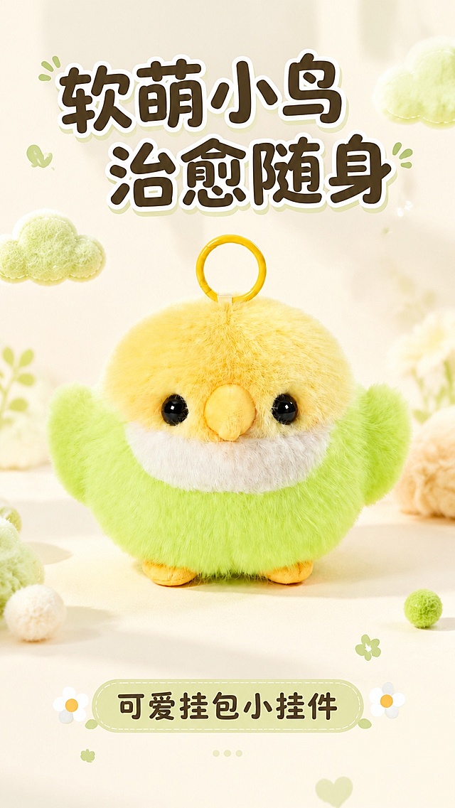 [第1屏] 详情页头图-可爱毛绒小鸟挂包挂件氛围海报，本屏使用【图1】作为商品主体。
[氛围/风格] 软萌清新治愈风，明亮温馨背景，商业摄影质感，突出毛绒蓬松柔软质感。
[元素布局] 毛绒小鸟挂件放置画面中心偏上位置，占比约65%，周围搭配浅米色柔和背景，点缀少量浅绿马卡龙色小云朵装饰；产品轮廓、毛绒颜色、挂环结构与输入图保持一致。
[光影质感] 正面柔光打光，自然柔和阴影，突出毛绒蓬松蓬松纹理，整体画面明亮通透。
[配色色系] 全局底色 #FFFDF9，主色浅米白，辅助色浅黄绿、浅嫩绿。
[视角构图] 正面平视构图，产品为绝对视觉中心，阅读动线从上到下。
[文字版式] 版式为上方主标题 + 中心产品 + 底部副标题。主标题「软萌小鸟 治愈随身」，副标题「可爱挂包小挂件」，使用圆润粗黑体，主标题醒目不遮挡产品，文字清晰可读。
[比例分辨率] 9:16 竖版比例，4K分辨率，文字清晰可辨，高清画质。
[负向提示词] 产品变形，颜色偏差，缺件错件，水印，文字错乱，产品模糊，背景杂乱