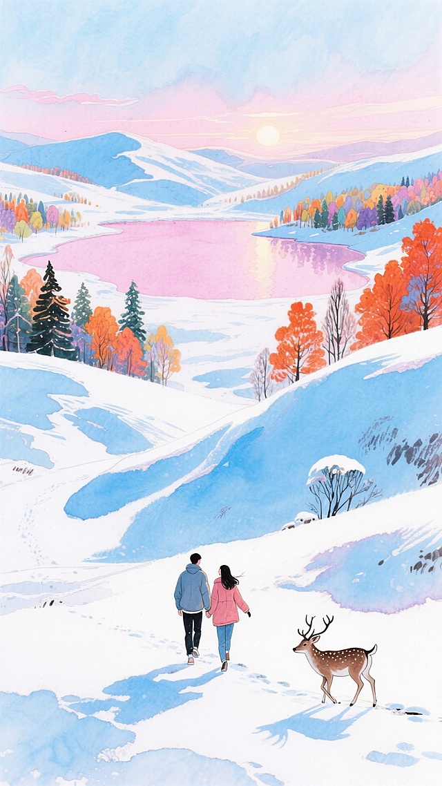 梦幻水彩风插画，冬日雪原与粉紫湖光交织，情侣牵手同行，鹿影相伴，营造浪漫温馨的虚拟自然景象。