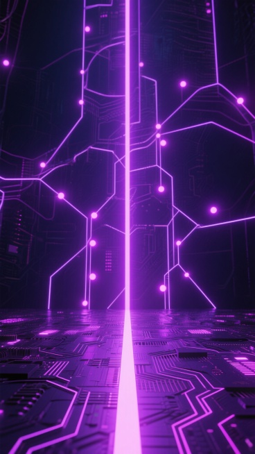 深邃的暗紫色背景，充满未来感的科技场景，垂直分布的发光紫色线条构成复杂的网络结构，线条上点缀着明亮的粉紫色光点，地面是发光的紫色电路板纹理，中央有一条明亮的粉紫色光带从底部延伸至顶部，整体呈现出神秘而科技感十足的氛围，光线柔和且具有层次感，高对比度，超高清分辨率，科幻风格，赛博朋克元素，发光效果，数字艺术，对称构图，纵深感强。预览效果