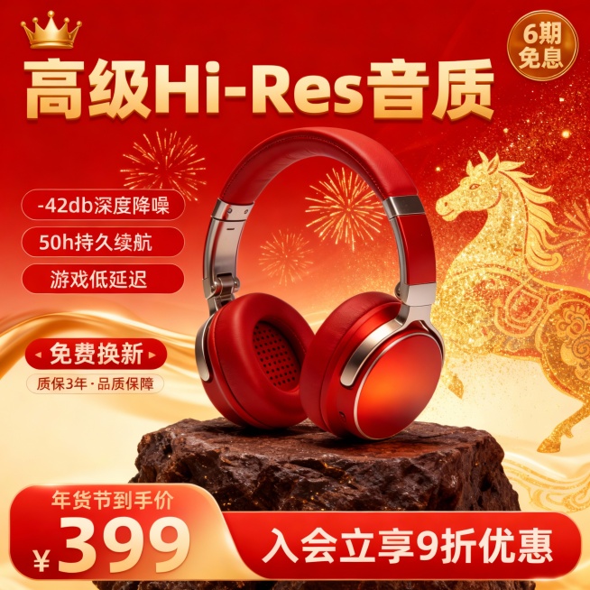 电商马年年货节数码促销主图，主体放置在深咖色岩石台面上，背景是渐变红金底色+ 流动金粉光效，点缀金色烟花光效与马图腾元素。

顶部左侧为金色皇冠图标，搭配金色加粗主标题：“高级Hi-Res音质”；预览效果