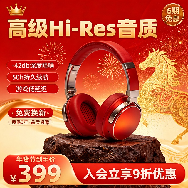 电商马年年货节数码促销主图，主体放置在深咖色岩石台面上，背景是渐变红金底色+ 流动金粉光效，点缀金色烟花光效与马图腾元素。

顶部左侧为金色皇冠图标，搭配金色加粗主标题：“高级Hi-Res音质”；

右上角有金色圆形标签：“6期免息”。

左侧红色卖点框依次列出：“-42db深度降噪”、“50h持久续航”、“游戏低延迟”，下方是“免费换新”标签，标注“质保3年·品质保障”。

底部左侧为红金渐变价格栏，显示“年货节到手价¥399”；右侧为红色促销栏，标注“入会立享9折优惠”。