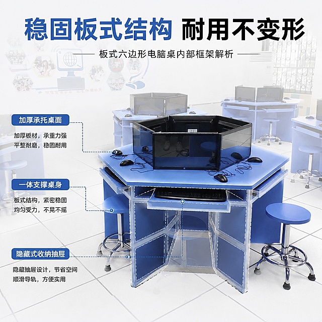 [第4屏] 结构展示-板式六边形电脑桌内部框架解析。本屏使用【图1】展示整体结构。
[氛围/风格] 清晰透视结构，专业图解风格，简洁明了，科技感示意图。
[元素布局] 中心展示产品整体轮廓，用虚线分层标注出各结构部分，分别标注桌面层、支撑桌身、收纳抽屉区，保留原产品蓝色和六边形结构不变，每个标注区域配简短说明。
[光影质感] 均匀线稿光影，结构线条清晰，和产品实物自然融合，不遮挡实物细节。
[配色色系] 全局底色 #F5F8FA；主色蓝色产品；辅助色浅灰虚线标注、黑色文字。
[视角构图] 和产品原视角一致，正面斜视图解叠加，中心构图突出产品结构。
[文字版式] 顶部主标题「稳固板式结构 耐用不变形」，各结构分区标注文字：「加厚承托桌面」「一体支撑桌身」「隐藏式收纳抽屉」，文字清晰，不遮挡主体结构。
[比例分辨率] 1:1 方图，4K分辨率，文字清晰可辨，高清画质。
[负向提示词] 结构错误，线条错乱，产品变形，文字模糊，颜色偏差，水印。