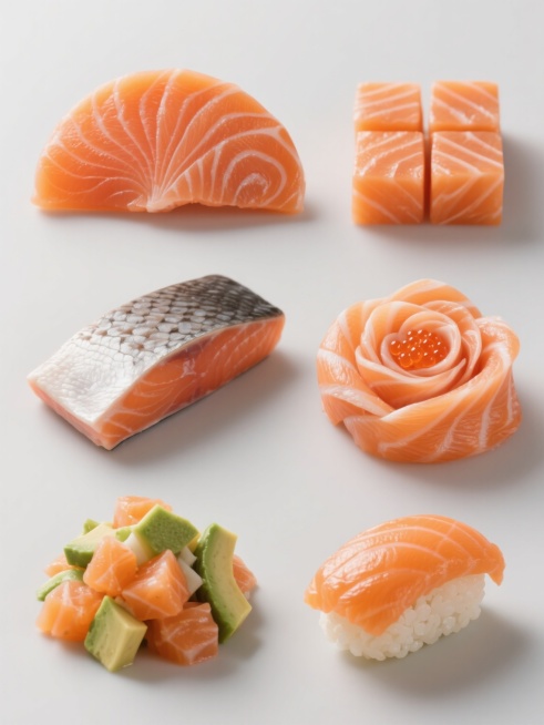 高清晰摄影风格，纯色背景，六款不同造型的三文鱼食材系列素材集合，规整排布。每款造型保持三文鱼橙红色的新鲜色泽与清晰可见的白色脂肪纹理，以及湿润的质感和细腻的肉质表现。造型包括：1. 经典扇形三文鱼刺身切片，呈月牙状排列；2. 均匀大小的三文鱼立方体块状，展现整齐切面；3. 长方形厚切三文鱼排，带有完整鱼皮；4. 三文鱼薄片卷成玫瑰花形状，中心点缀鱼籽；5. 三文鱼丁与牛油果丁混合的沙拉状；6.……预览效果
