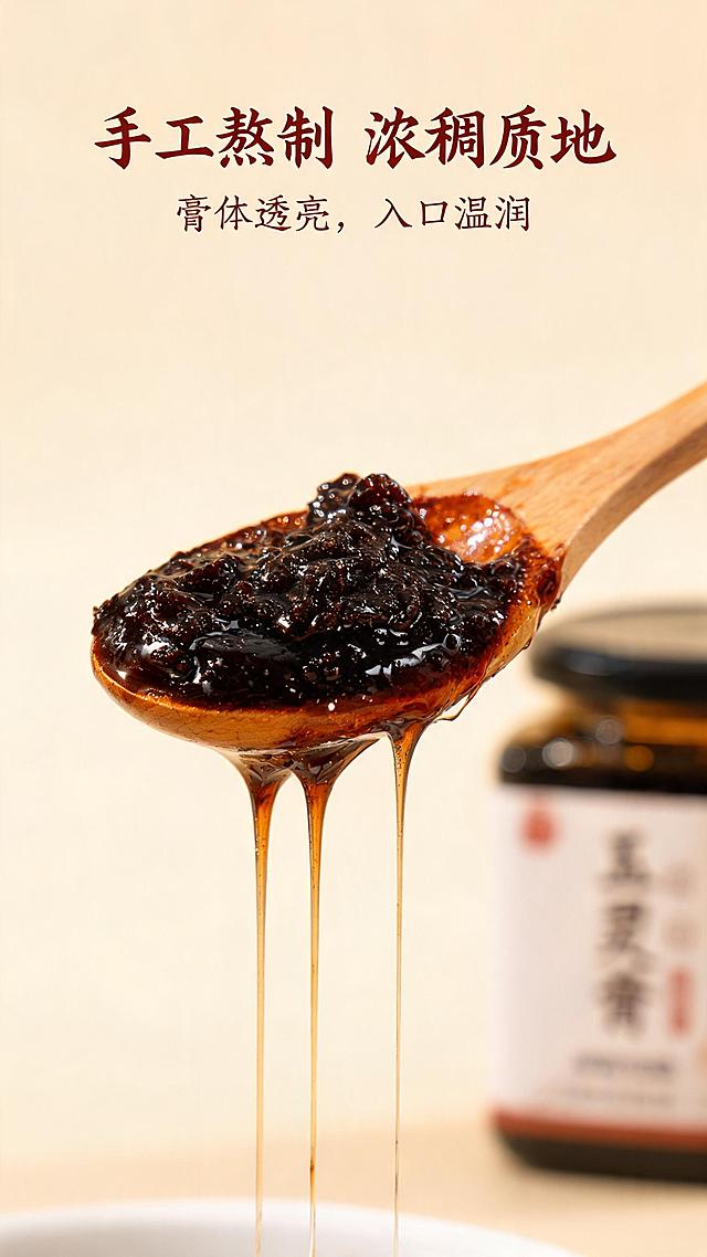 [第3屏] 详情页质地展示屏-玉灵膏膏体舀取动作特写。本屏使用【图1】产品作为参照。
[氛围/风格] 食欲感特写，浓郁粘稠质感，暖光营造温润滋补氛围。
[元素布局] 画面中心为木勺舀起玉灵膏膏体，展示深褐透亮的膏体质地，膏体缓缓拉丝；背景虚化，玉灵膏产品罐放置在画面右下角作为品牌标识；膏体浓稠通透，拉丝自然。
[光影质感] 侧光打亮膏体，突出膏体光泽和粘稠质感，阴影过渡柔和，层次丰富。
[配色色系] 全局底色 #F0E8E0；主色深褐膏体；辅助色原木勺色，棕红色文字。
[视角构图] 微距特写视角，聚焦膏体质地，景深较浅突出主体。
[文字版式] 标题顶栏居中，主标题「手工熬制 浓稠质地」，副标题「膏体透亮，入口温润」，统一使用温润书法标题字体和棕红色文字，排版简约不抢主体。
[比例分辨率] 9:16竖版比例，2K分辨率，文字清晰可辨，高清画质。
[负向提示词] 膏体稀薄，质地浑浊，变形，水印，文字错乱