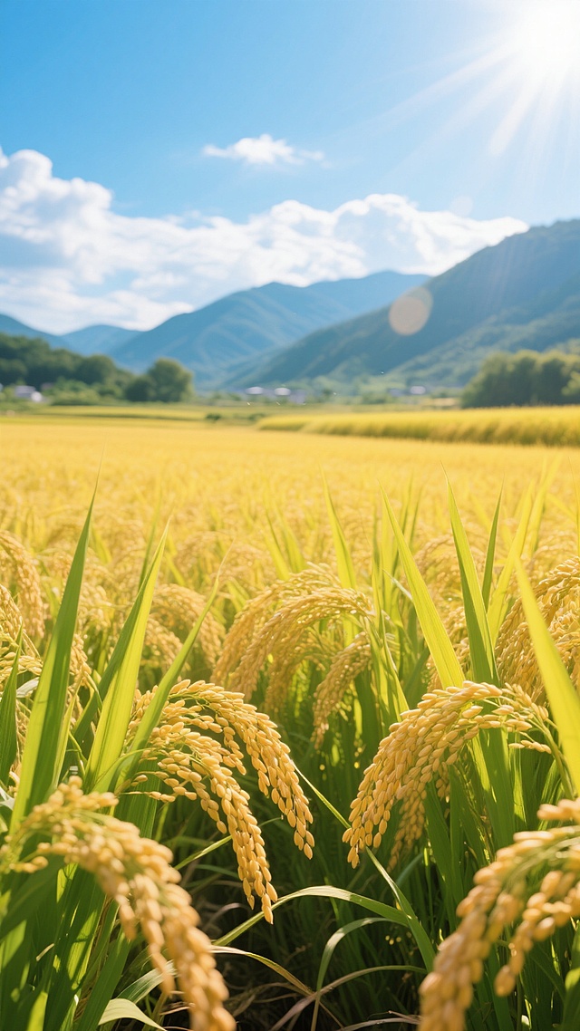 广阔的金黄色稻田，稻穗饱满低垂，绿色的稻叶在阳光下闪耀，远处是连绵的青山和蓝天白云，阳光明媚，光影清晰，色彩鲜艳饱和，呈现出丰收的田园景象，画面宁静而富有生机。
