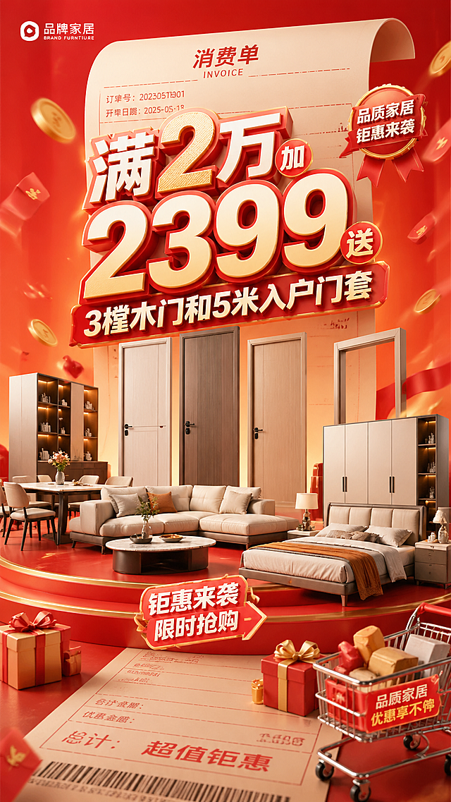 家具促销海报，整体风格为红色橙红色促销风格，画面丰富，插入多件不同家具做出立体感和空间感，将文字"满2万加2399送3樘木门和5米入户门套"放在画面中间偏上位置，文字穿插融入到家具中增加空间层次感，整体场景设计在消费单发票背景上，营造消费购物的促销氛围，商业海报设计，构图饱满立体。