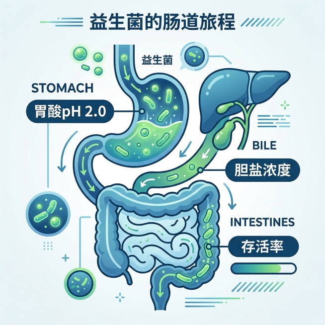 信息图表风格，展示益生菌穿越胃酸、胆汁到达肠道的过程，标注文字"胃酸pH 2.0"、"胆盐浓度"、"存活率"，蓝绿色调，简洁现代设计，图中所有文字使用中文预览效果