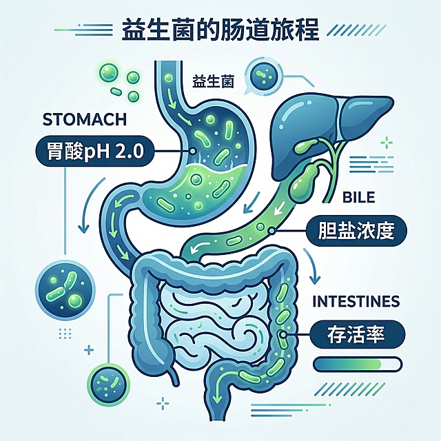 信息图表风格，展示益生菌穿越胃酸、胆汁到达肠道的过程，标注文字"胃酸pH 2.0"、"胆盐浓度"、"存活率"，蓝绿色调，简洁现代设计，图中所有文字使用中文