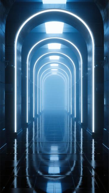 未来感科技风格直播间背景，深邃的蓝色调取代原浅蓝色，呈现由近及远逐渐加深的渐变效果，明亮的白色线条勾勒出重复排列的拱形门框与地面网格结构，尽头是耀眼的白色光源形成强烈透视感，光滑如镜的地面反射出门框与光线的清晰倒影，整体营造出宽敞、通透、充满科技氛围的无限延伸空间感，光影对比鲜明，视觉层次分明，适合作为直播间虚拟背景使用。预览效果