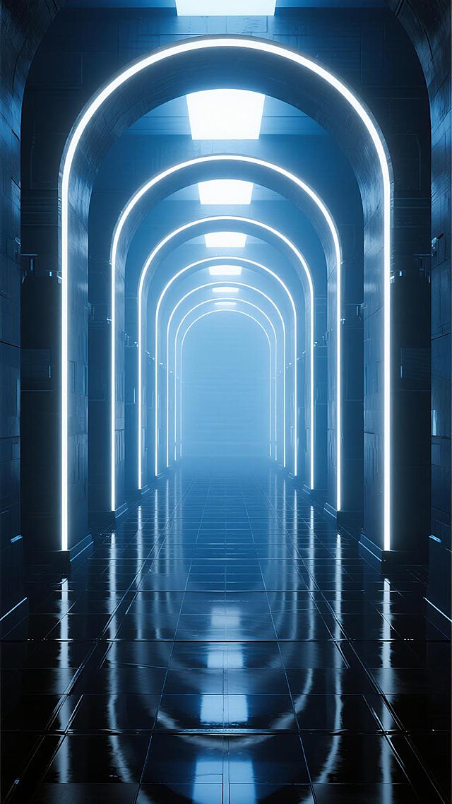 未来感科技风格直播间背景，深邃的蓝色调取代原浅蓝色，呈现由近及远逐渐加深的渐变效果，明亮的白色线条勾勒出重复排列的拱形门框与地面网格结构，尽头是耀眼的白色光源形成强烈透视感，光滑如镜的地面反射出门框与光线的清晰倒影，整体营造出宽敞、通透、充满科技氛围的无限延伸空间感，光影对比鲜明，视觉层次分明，适合作为直播间虚拟背景使用。