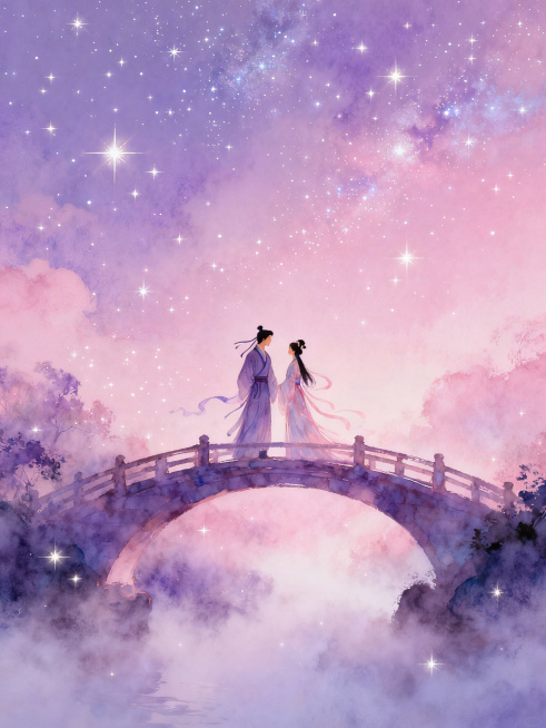 牛郎织女站在鹊桥上，背景是璀璨星空，整体色彩粉紫通透，风格浪漫写意，氛围感十足，画面唯美梦幻预览效果
