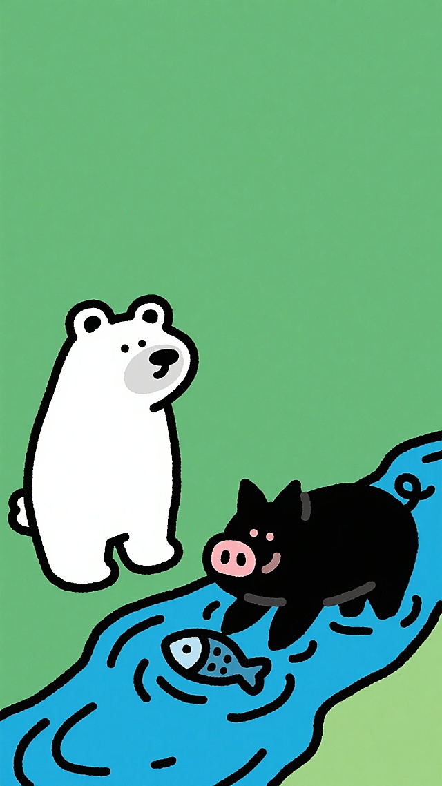 插画风设计，可爱卡通熊与猪拟人互动，绿色背景突显生动趣味。