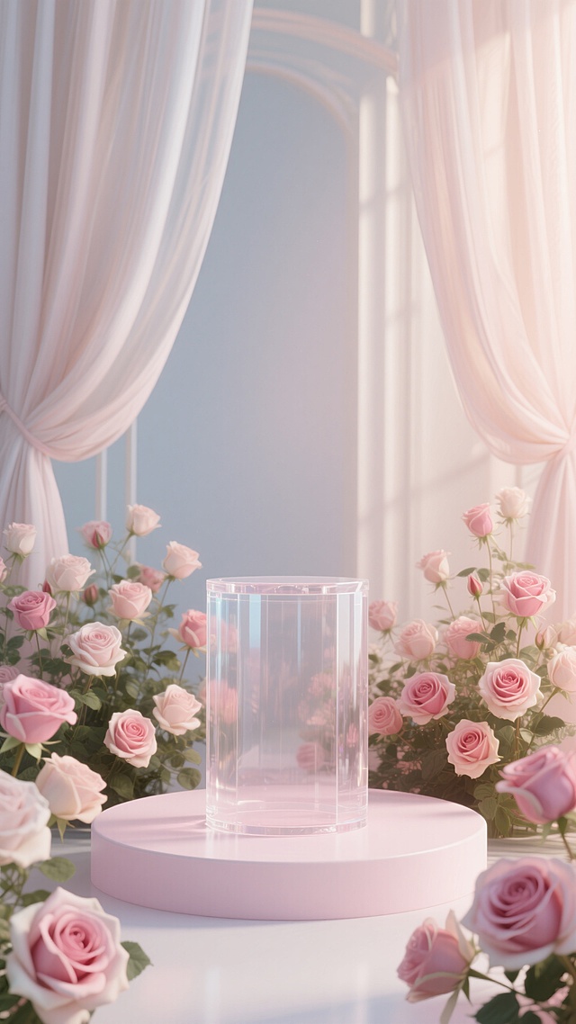 整体温馨、甜蜜，背景是的色飘逸的窗帘，前景是透明的粉白展台，展台周围环绕着盛开的玫瑰花朵